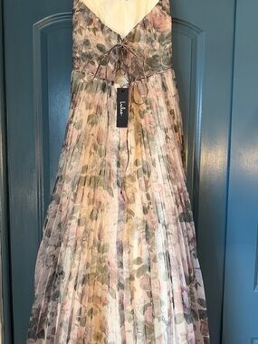 Lulu's Floral Pleated Wedding Dress in Cream, Pink & Green